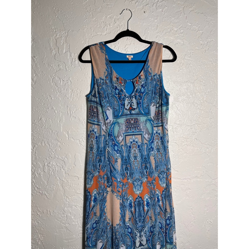 Reba Blue Paisley Sleeveless Midi Dress Keyhole Neck Stretch Knit Women's M - Picture 2 of 8